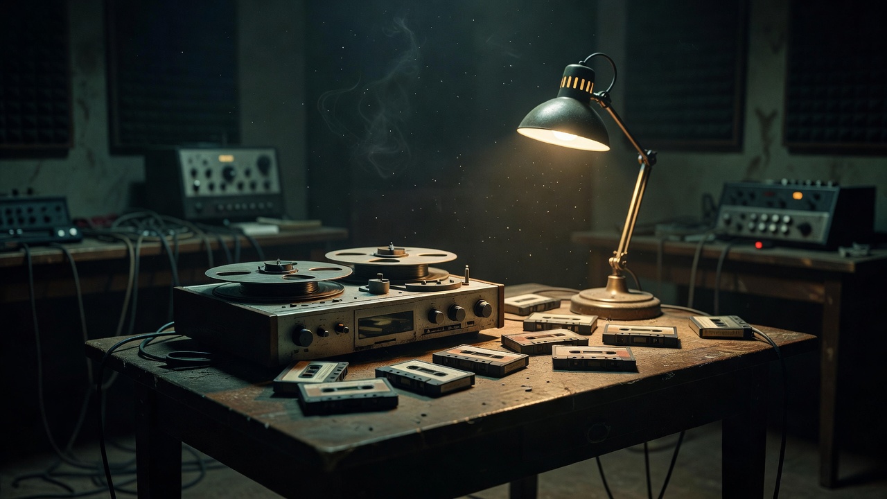 《a级片毛片》风格的录音室场景，老式磁带机与台灯置于木质桌面，光线偏冷